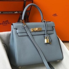 Hermes Kelly 25cm Retourne Bag In Blue Lin Clemence Leather HD898bR82
