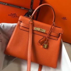 Hermes Kelly 25cm Retourne Bag In Orange Clemence Leather HD901Gp37