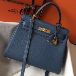 Hermes Kelly 28cm Bag In Blue Agate Clemence Leather GHW HD927pZ48