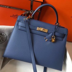 Hermes Kelly 32cm Bag In Blue Agate Epsom Leather GHW HD959us64