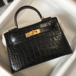 Hermes Kelly Mini II Bag In Black Embossed Crocodile Leather HD1049vX33