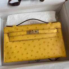 Hermes Kelly Pochette Handmade Bag In Jaune Ambre Ostrich Leather HD1192rf73