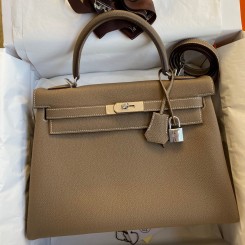 Hermes Kelly Retourne 32 Handmade Bag In Taupe Clemence Leather HD1260bp40