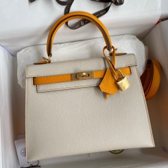 Hermes Kelly Sellier 25 Bicolor Bag in Craie and Yellow Epsom Calfskin HD1267iM92