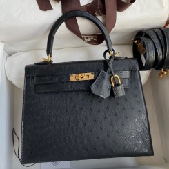 Hermes Kelly Sellier 25 Handmade Bag In Black Ostrich Leather HD1287tg76