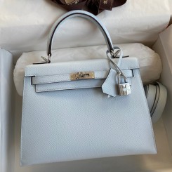 Hermes Kelly Sellier 25 Handmade Bag In Blue Brume Epsom Calfskin HD1288TV86