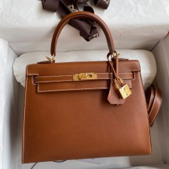 Hermes Kelly Sellier 25 Handmade Bag In Gold Barenia Calfskin HD1298rf34