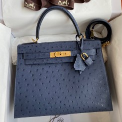 Hermes Kelly Sellier 28 Handmade Bag In Blue Iris Ostrich Leather HD1333Ph61