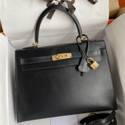Hermes Kelly Sellier 32 Handmade Bag In Black Box Calfskin HD1355dP73