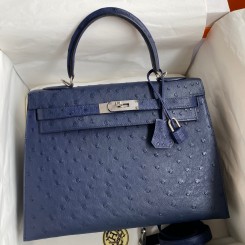 Hermes Kelly Sellier 32 Handmade Bag In Blue Iris Ostrich Leather HD1358sY95