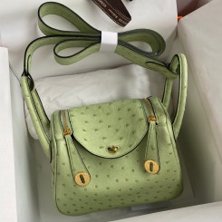 Hermes Mini Lindy Handmade Bag In Vert Cypres Ostrich Leather HD1598KX22