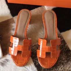 Hermes Oasis Sandals In Orange Shiny Niloticus Crocodile HD1632ta99