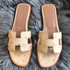 Hermes Oran Sandals In Beige Ostrich Leather HD1659De45