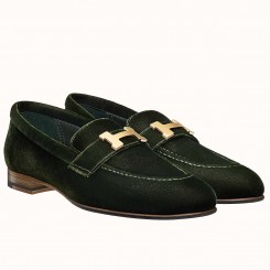 Hermes Paris Loafers In Dark Green Velvet HD1787kH80