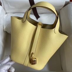 Hermes Picotin Lock 18 Handmade Bag in Jaune Poussin Clemence Leather HD1834JV76