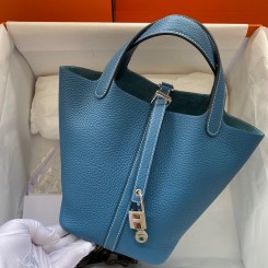 Hermes Picotin Lock 22 Handmade Bag in Blue Jean Clemence Leather HD1874rf73