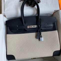 Imitation Hermes Birkin 35 Handmade Bag In Toile & Black Swift Leather HD232lL78
