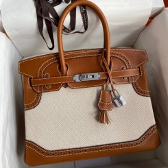Imitation Hermes Ghillies Birkin 30cm Limited-edition Bag In Toile & Gold Swift Leather HD675SU58