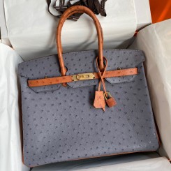 Imitation Hermes HSS Birkin 35 Bicolor Bag in Gris Agate and Gold Ostrich Leather HD770JC57