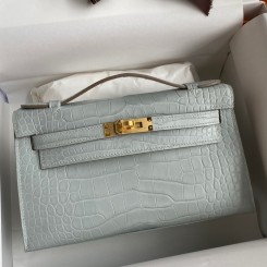 Imitation Hermes Kelly Pochette Handmade Bag In Pearl Grey Matte Alligator Leather HD1199Mq48