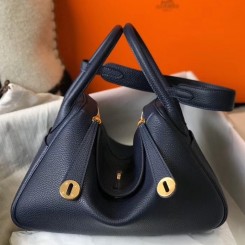 Imitation Hermes Lindy 30cm Bag In Navy Blue Clemence Leather GHW HD1450hc46