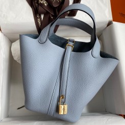 Imitation Hermes Picotin Lock 18 Handmade Bag in Blue Lin Clemence Leather HD1825jf20