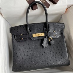 Imitation High Quality Hermes Birkin 30 Retourne Handmade Bag In Black Ostrich Leather HD162Bo39