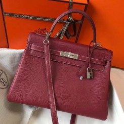 Knockoff Hermes Kelly 32cm Bag In Bordeaux Clemence Leather PHW HD962kC27