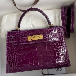 Knockoff Hermes Kelly Mini II Sellier Handmade Bag In Purple Shiny Alligator Leather HD1133iV87