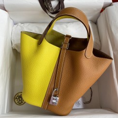 Knockoff Hermes Picotin Lock 18 Bicolor Handmade Bag in Lime and Gold Clemence Leather HD1815iV87