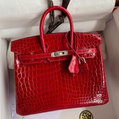 Luxury Hermes Birkin 25 Handmade Bag In Red Crocodile Porosus Shiny Skin HD66kp43