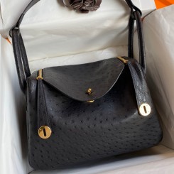 Luxury Hermes Lindy 30 Handmade Bag In Black Ostrich Leather HD1430kp43