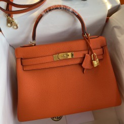 Replica Designer Hermes Kelly Retourne 32 Handmade Bag In Orange Clemence Leather HD1259sk97