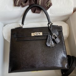 Replica Hermes Kelly Sellier 25 Handmade Bag In Black Lizard Leather HD1285XB19