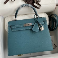 Replica Hermes Kelly Sellier 25 Handmade Bag In Blue Jean Epsom Calfskin HD1292Lv15
