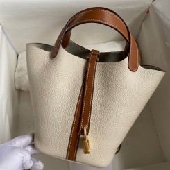 Replica Hermes Picotin Lock 18 Bicolor Handmade Bag in Craie and Gold Clemence Leather HD1812Os19