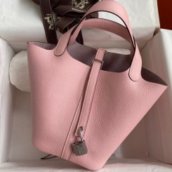 Replica Hermes Picotin Lock 18 Handmade Bag in Rose Sakura Clemence Leather HD1840MO84