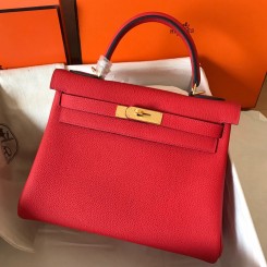 Replica Top Hermes Kelly Retourne 28 Handmade Bag In Red Clemence Leather HD1254di41