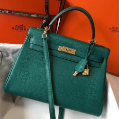 Top Hermes Kelly 32cm Bag In Malachite Clemence Leather GHW HD969tM58