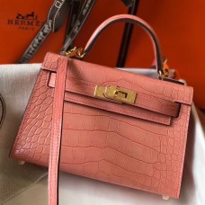 AAA Hermes Kelly Mini II Handmade Bag In Pink Crocodile Embossed Leather HD1063zZ13