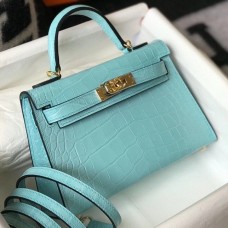 Cheap Hermes Kelly Mini II Handmade Bag In Blue Atoll Crocodile Embossed Leather HD1052KX51