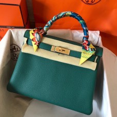 Copy Hermes Kelly Retourne 28 Handmade Bag In Malachite Clemence Leather HD1252nF79