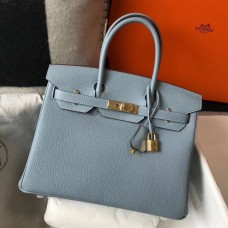 Fake Hermes Birkin 30cm Bag In Blue Lin Clemence Leather GHW HD207xR88