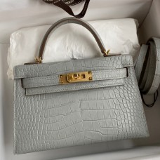 Fashion Hermes Kelly Mini II Sellier Handmade Bag In Pearl Grey Matte Alligator Leather HD1131Za62