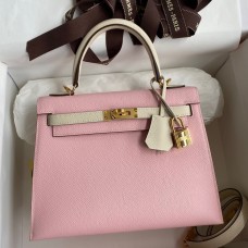 First-class Quality Hermes Kelly Sellier 25 Bicolor Bag in Rose Sakura and Craie Epsom Calfskin HD1273fm32