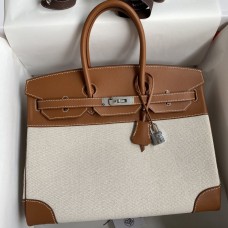 Hermes Birkin 35 Handmade Bag In Toile & Gold Swift Leather HD233Pu45