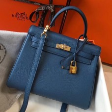 Hermes Kelly 25cm Retourne Bag In Agate Blue Clemence Leather HD894MB38