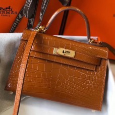 Hermes Kelly Mini II Handmade Bag In Brown Crocodile Embossed Leather HD1054KV49