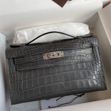 Hermes Kelly Pochette Handmade Bag In Graphite Matte Alligator Leather HD1189hn36