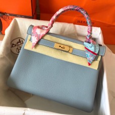 Hermes Kelly Retourne 28 Handmade Bag In Blue Lin Clemence Leather HD1243Is53